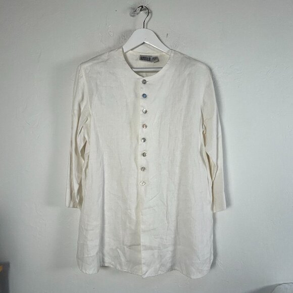 Chico's Design Womens White Linen Button-Up Tunic Top Size 2 Lightweight Casual - Picture 1 of 7